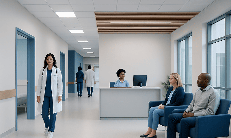 Modern hospital waiting area with healthcare professionals and patients.