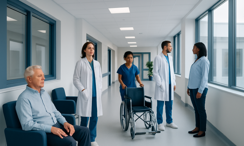 Medical team consulting with patient in hospital corridor.
