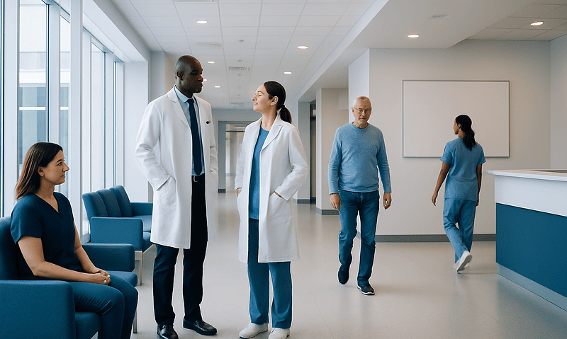 Medical team discussing patient care in hospital corridor.