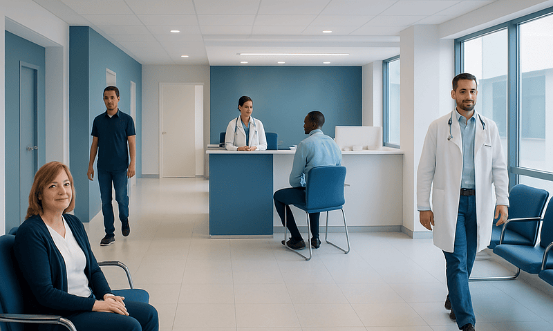 Modern hospital reception area with medical staff and patients.