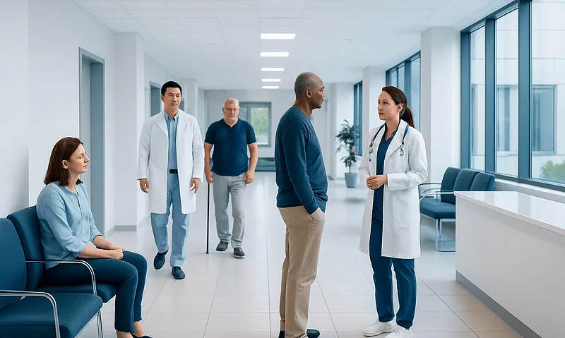 Medical team discussing patient care in hospital corridor.