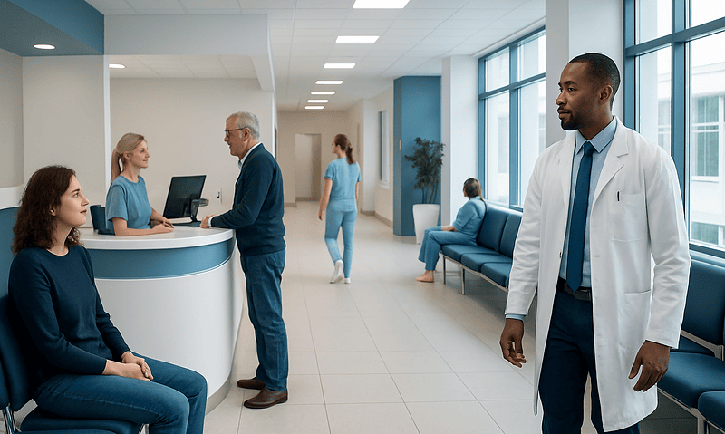 Modern hospital reception area with staff and patients.