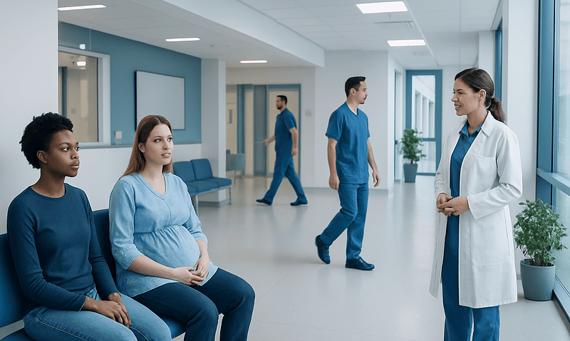 Medical professionals and patients in a hospital corridor at Acibadem Hospitals Group.