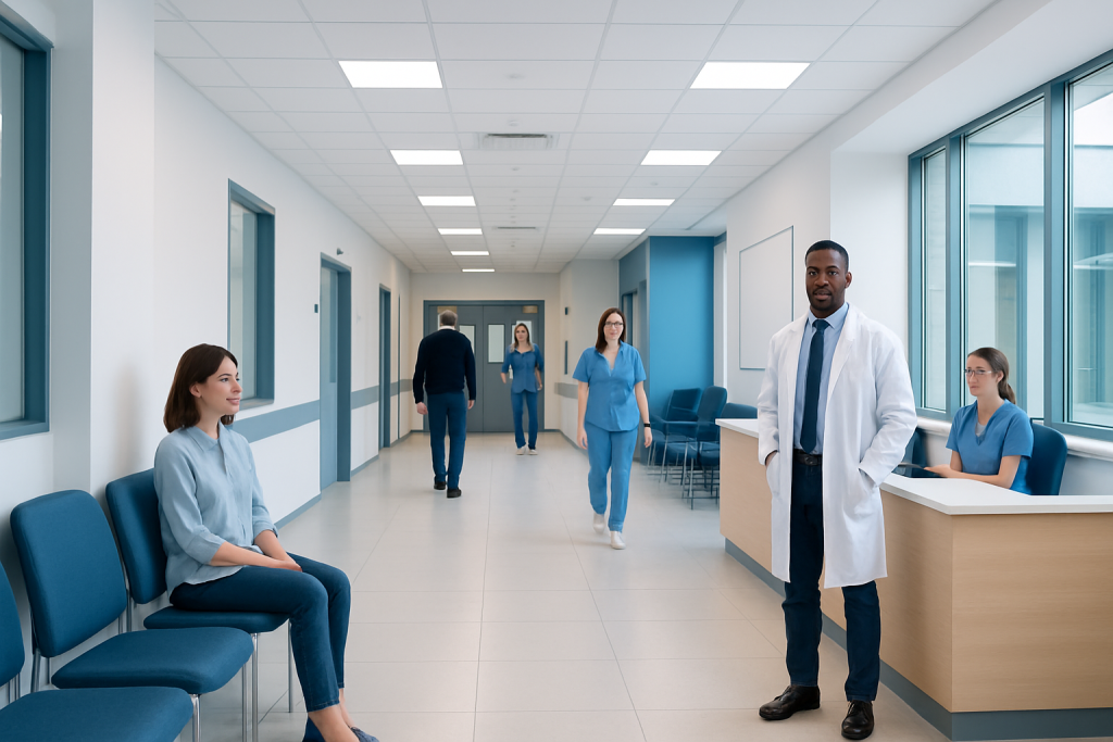 Low Calorie Desserts: Evidence-Based Benefits, Risks, and Practical Guidance 1 Healthcare professionals and patients in a modern hospital corridor.