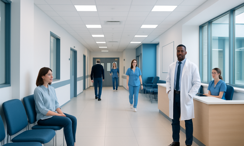 Low Calorie Desserts: Evidence-Based Benefits, Risks, and Practical Guidance 4 Healthcare professionals and patients in a modern hospital corridor.