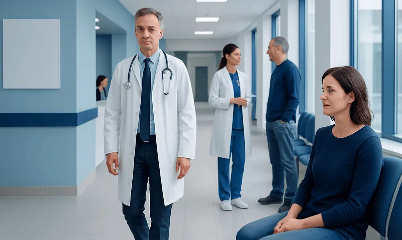 Medical professionals and patient in hospital corridor.