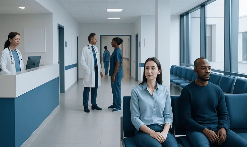Diverse patients waiting in a hospital corridor at Acibadem Hospitals Group.