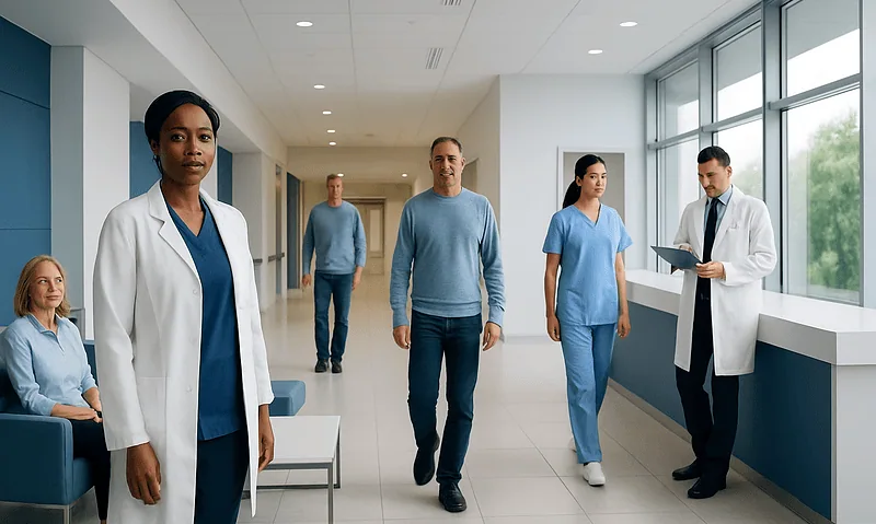 Diverse medical team walking in hospital corridor with patients and staff.