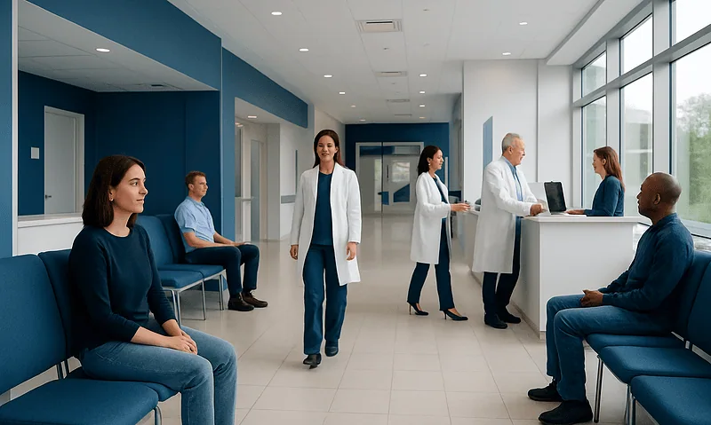 Patients waiting in a modern hospital lobby with medical staff attending to them.