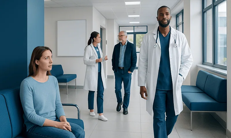 Medical team and patient in hospital corridor at Acibadem Hospitals Group.
