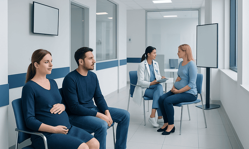 Genetic Test of Fetus: A Complete Medical Overview 9 Pregnant woman consulting with doctor in a medical clinic.