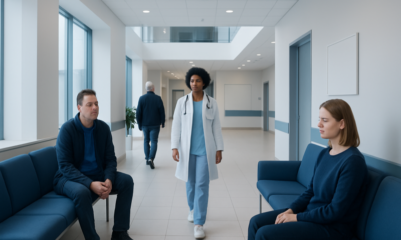 Medical professionals and patients in a hospital corridor at Acibadem Hospitals Group.