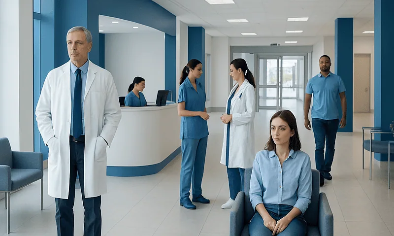 Hospital waiting area with medical staff and patient in modern healthcare facility.