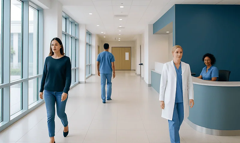 Modern hospital corridor with medical staff and patient in a healthcare facility.