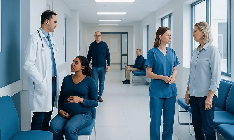 Medical team discussing patient care in hospital corridor.
