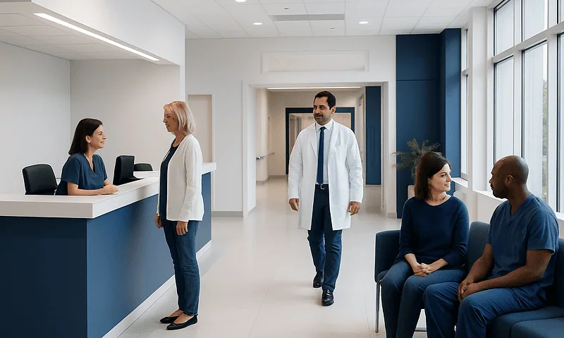 Hospital reception area with staff and patients in a modern medical facility.
