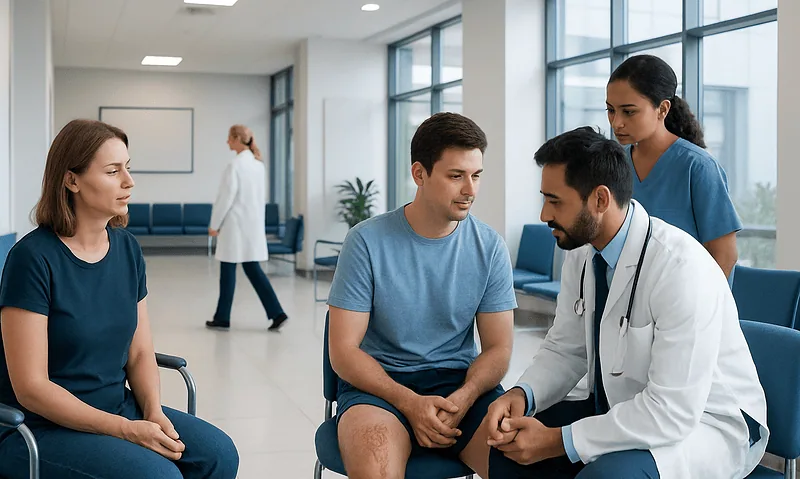 Doctor consulting with patients in a hospital waiting area.