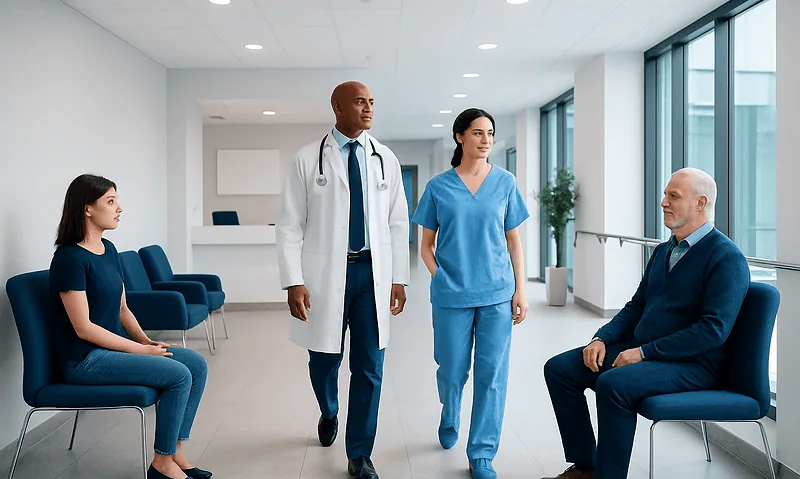 Doctor and nurses consulting with a patient in a hospital corridor.