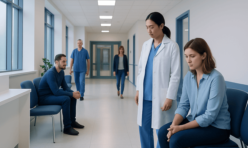 Medical professionals and patients in a hospital corridor at Acibadem Hospitals Group.