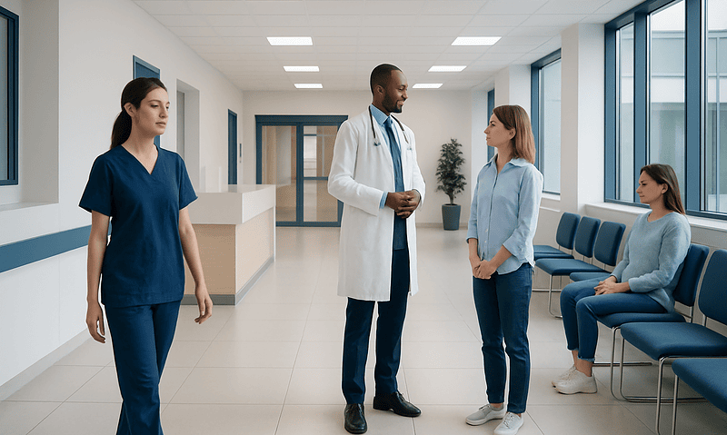 Medical professionals and patient in hospital corridor at Acibadem Hospitals Group.