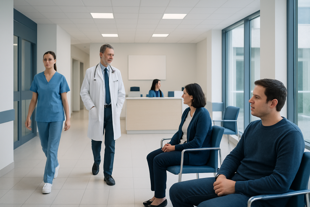 Dyshidrosis: Early Signs, Risk Factors, and How It Is Treated 1 Hospital waiting room with medical staff and patients.