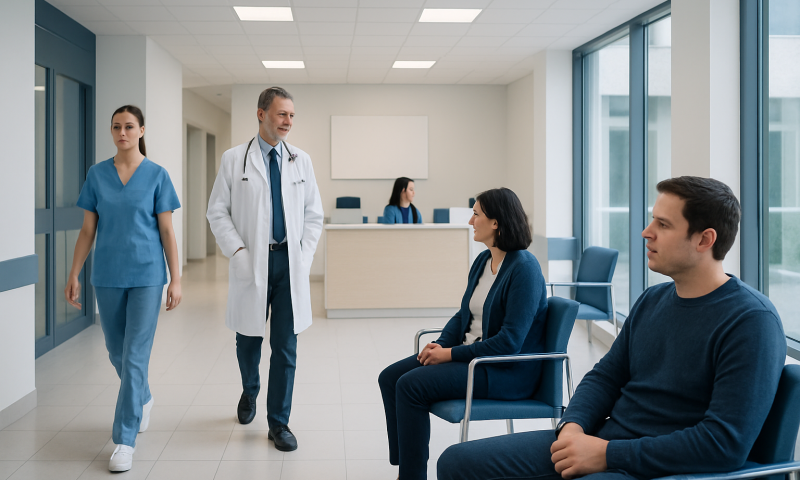 Hospital waiting room with medical staff and patients.