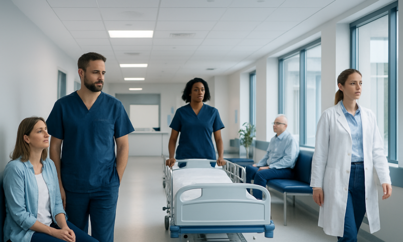 Medical team in hospital corridor with patient bed and staff members.