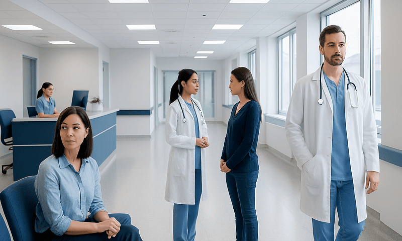 Medical team discussing patient care in a modern hospital corridor.