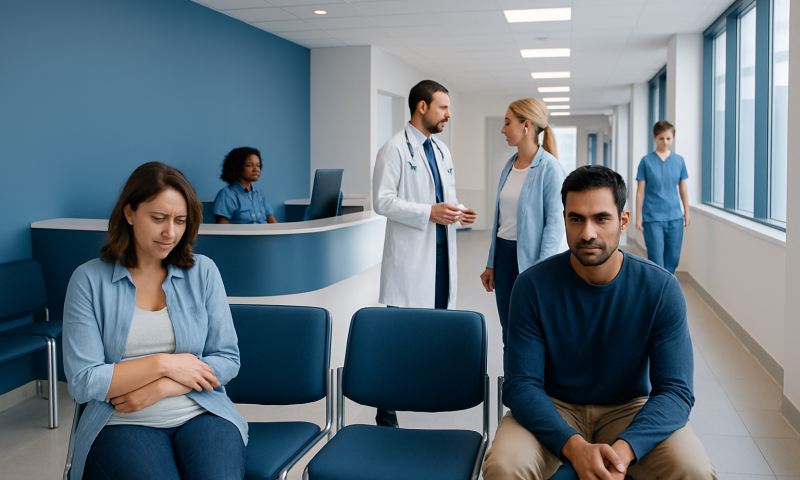 Patients waiting in a hospital corridor with medical staff nearby.