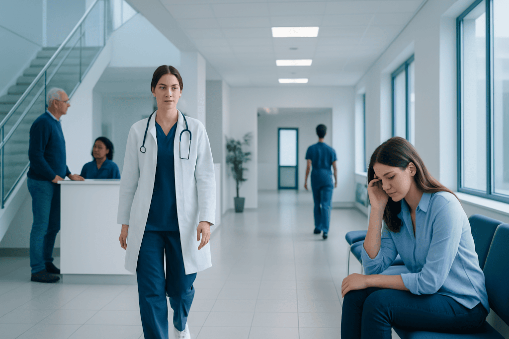 Somatoform Disorder: Symptoms, Causes, and Treatment Options 1 Healthcare professionals and patients in a modern hospital corridor.