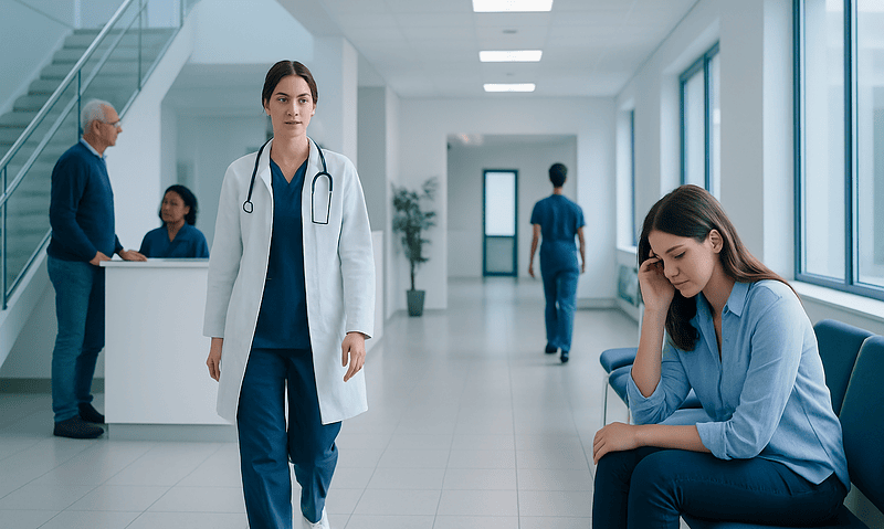 Healthcare professionals and patients in a modern hospital corridor.