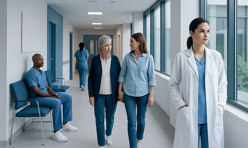 Healthcare professionals and patients in a hospital corridor at Acibadem Hospitals Group.