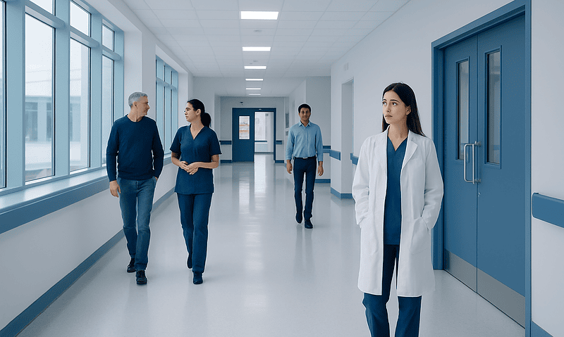 Healthcare professionals walking in a hospital corridor with a doctor in the foreground.