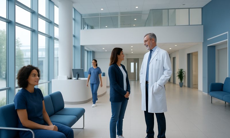 Doctor talking to patient in hospital lobby with waiting area seats.