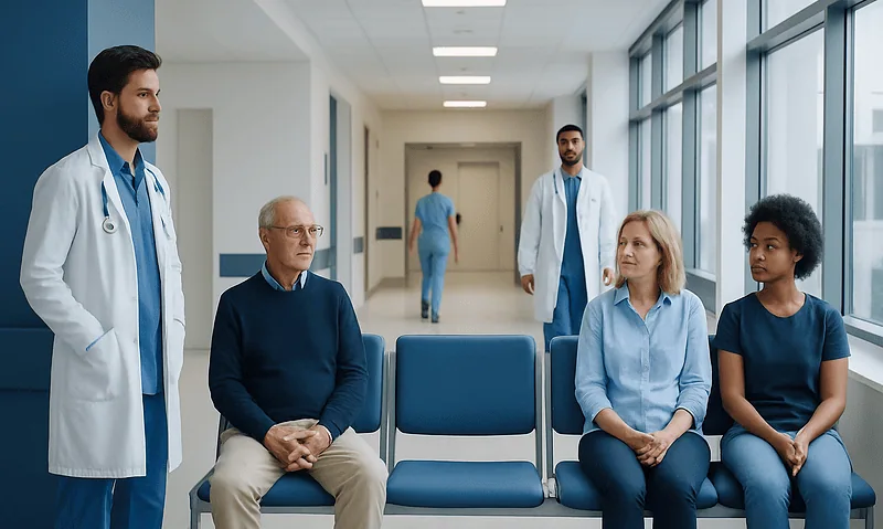 Doctors and patients in a hospital corridor at Acibadem Hospitals Group.