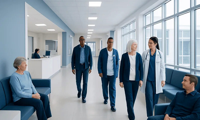 Medical team consulting with elderly patient in hospital corridor.