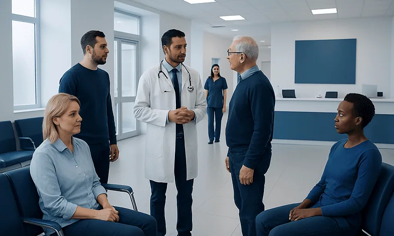 Medical team discussing patient care in a hospital waiting area.
