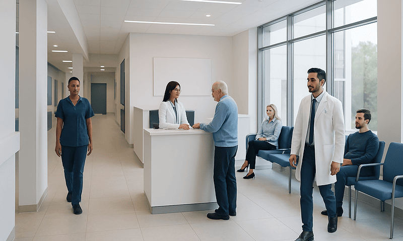 Patients and medical staff in a modern hospital reception area.