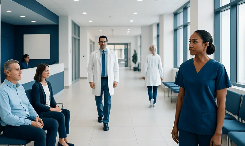 Medical professionals and patients in a hospital corridor at Acibadem Hospitals Group.