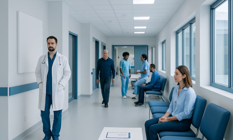 Medical staff and patients in a hospital corridor with large windows and seating area.