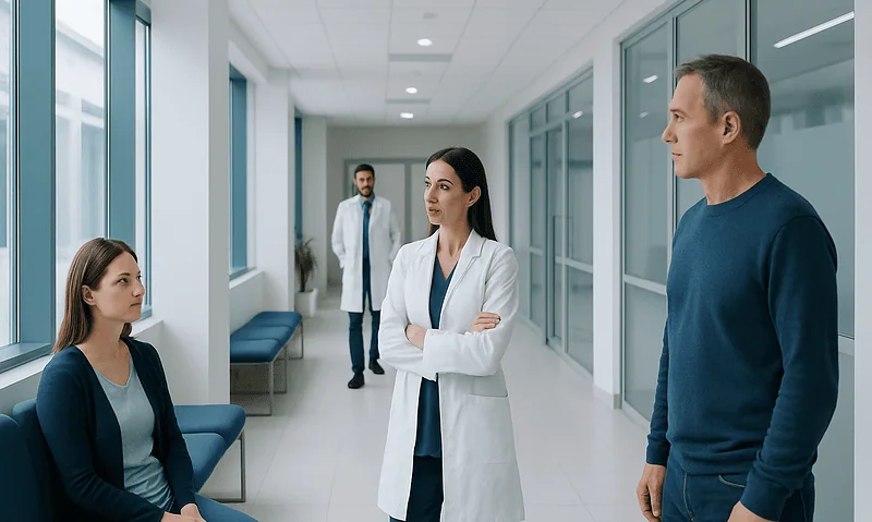 Medical consultation in hospital corridor with doctor and patient.