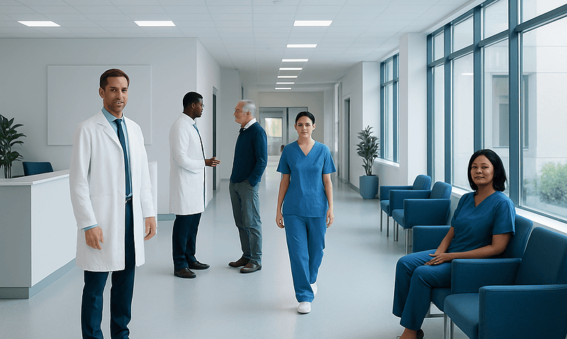 Medical staff and patients in a modern hospital corridor.