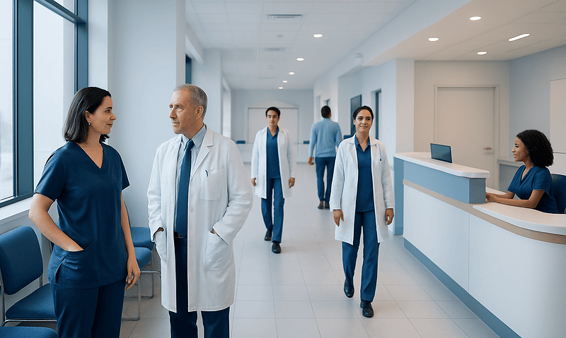 Mediastinal Lymphadenopathy: Diagnosis, Outlook, and Modern Treatment Approaches 17 Medical team discussing patient care in hospital corridor.