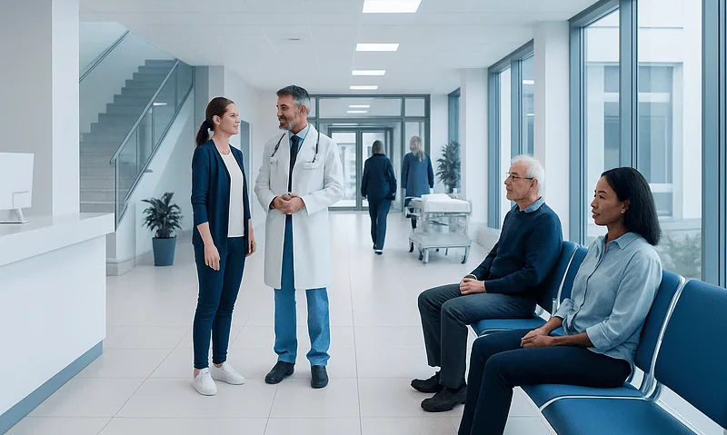Doctor consulting with young female patient in hospital corridor.