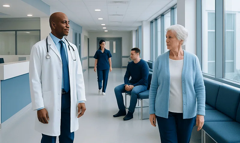 Healthcare professionals and patient in a modern hospital corridor.