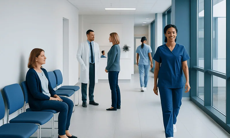 Healthcare professionals and patients in a modern hospital corridor.