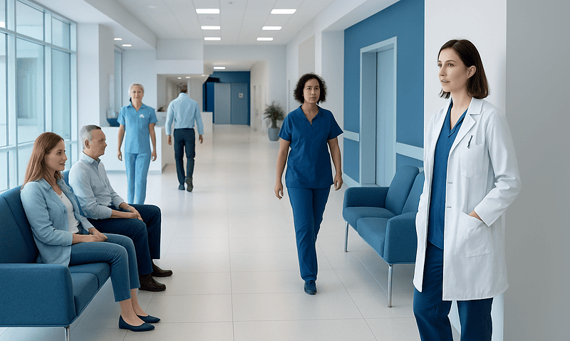 Healthcare professionals and patients in a modern hospital corridor.