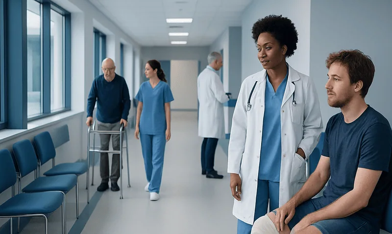 Medical professionals and patient in hospital corridor at Acibadem Hospitals Group.