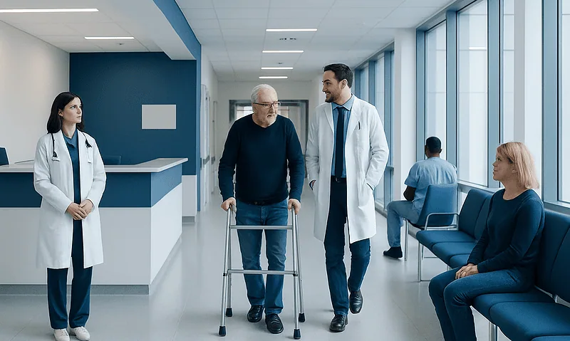 Hospital corridor with doctors and patients engaging in consultation.