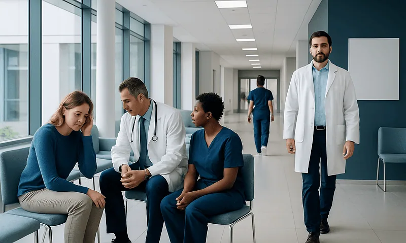 Medical consultation in a hospital corridor with a patient and healthcare professionals.